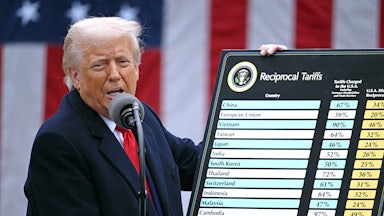Donald Trump holds a chart as he delivers remarks on reciprocal tariffs during an event in the Rose Garden entitled “Make America Wealthy Again” at the White House.