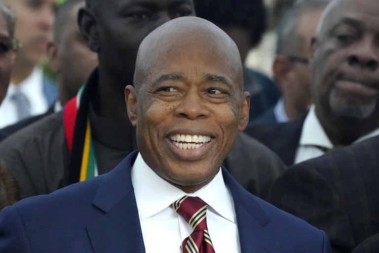 New York City Mayor Eric Adams smiles during a press conference
