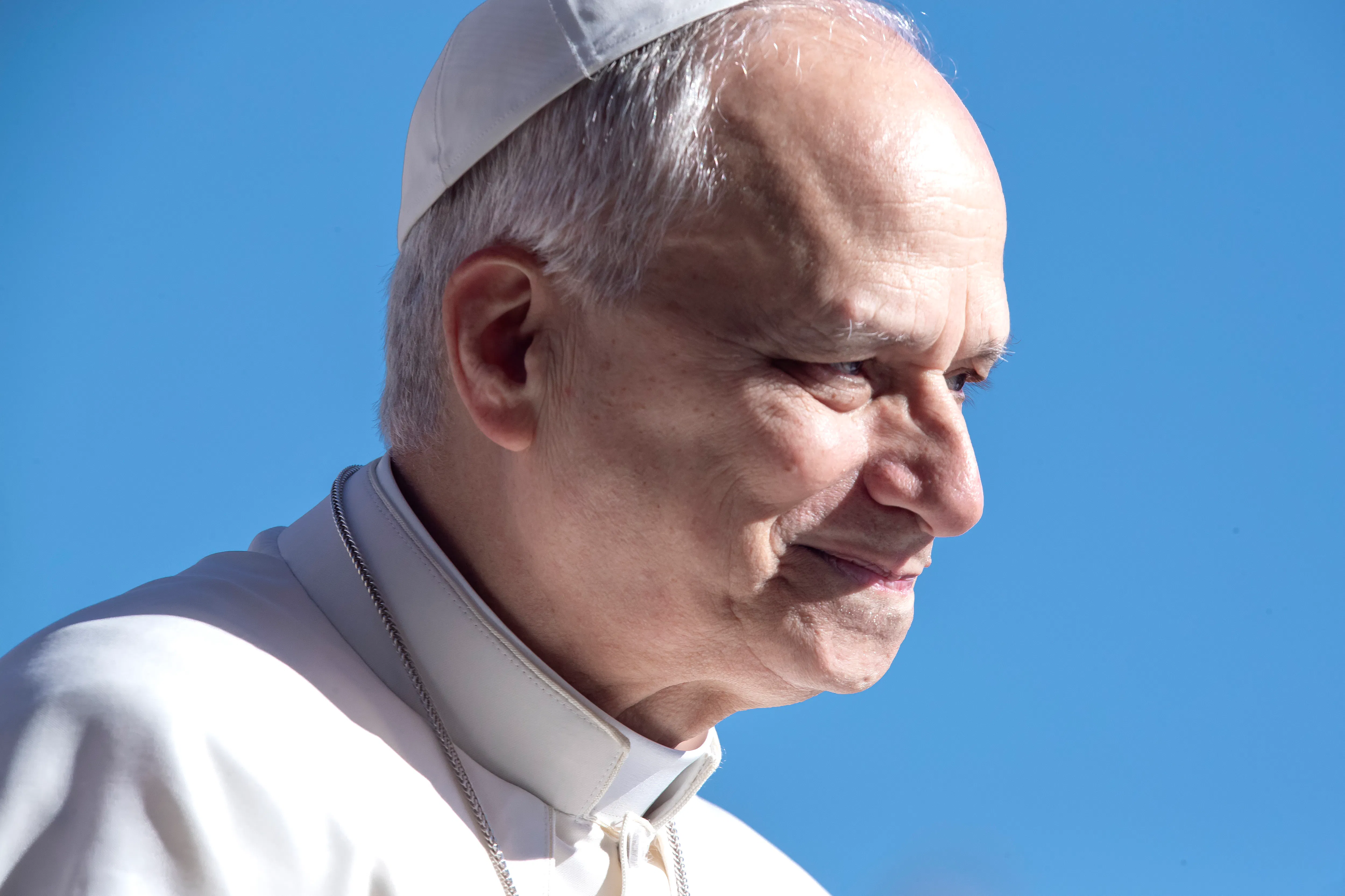 Seen in profile, Pope Leo smiles during his weekly general audience in St. Peter's Square