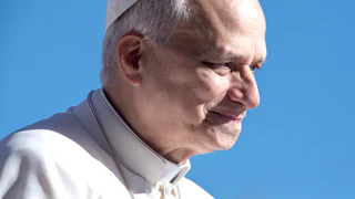 Seen in profile, Pope Leo smiles during his weekly general audience in St. Peter's Square