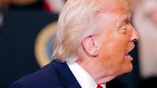 Donald Trump turns his head to the side while speaking