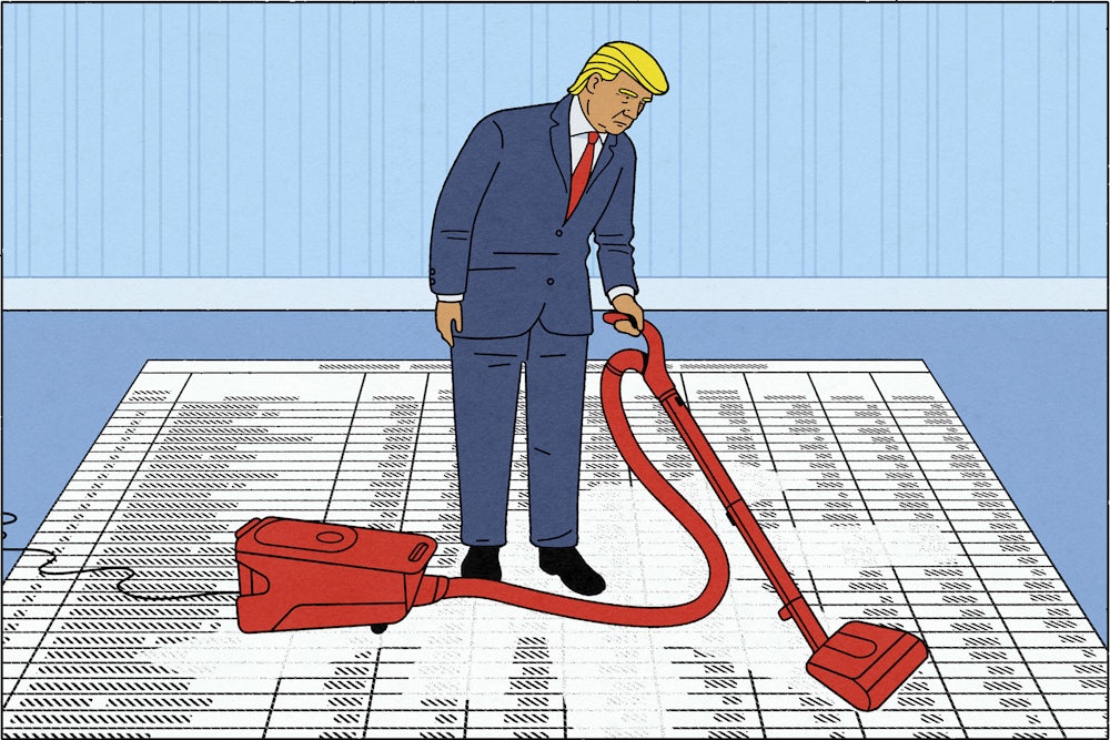 An illustration of Trump vacuuming the names off of a sheet of voter rolls, indicating the GOP's efforts to disenfranchise Democratic voters
