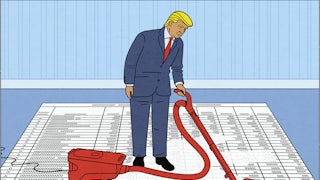 An illustration of Trump vacuuming the names off of a sheet of voter rolls, indicating the GOP's efforts to disenfranchise Democratic voters