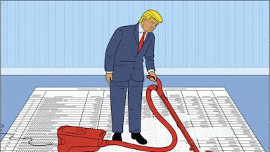 An illustration of Trump vacuuming the names off of a sheet of voter rolls, indicating the GOP's efforts to disenfranchise Democratic voters