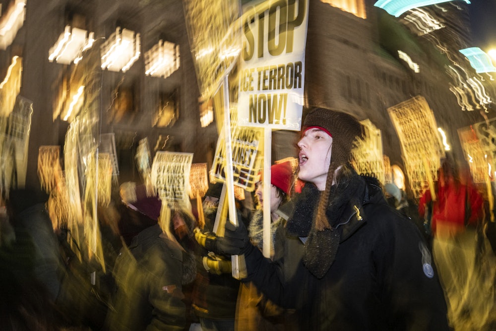 A group of anti-US Immigration and Customs Enforcementprotesters shout slogans in downtown Minneapolis, Minnesota.