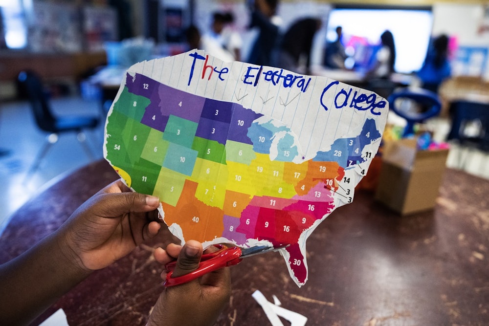 A 4th grader works on an election themed art project at Heather Hills Elementary School in Bowie, Md.
