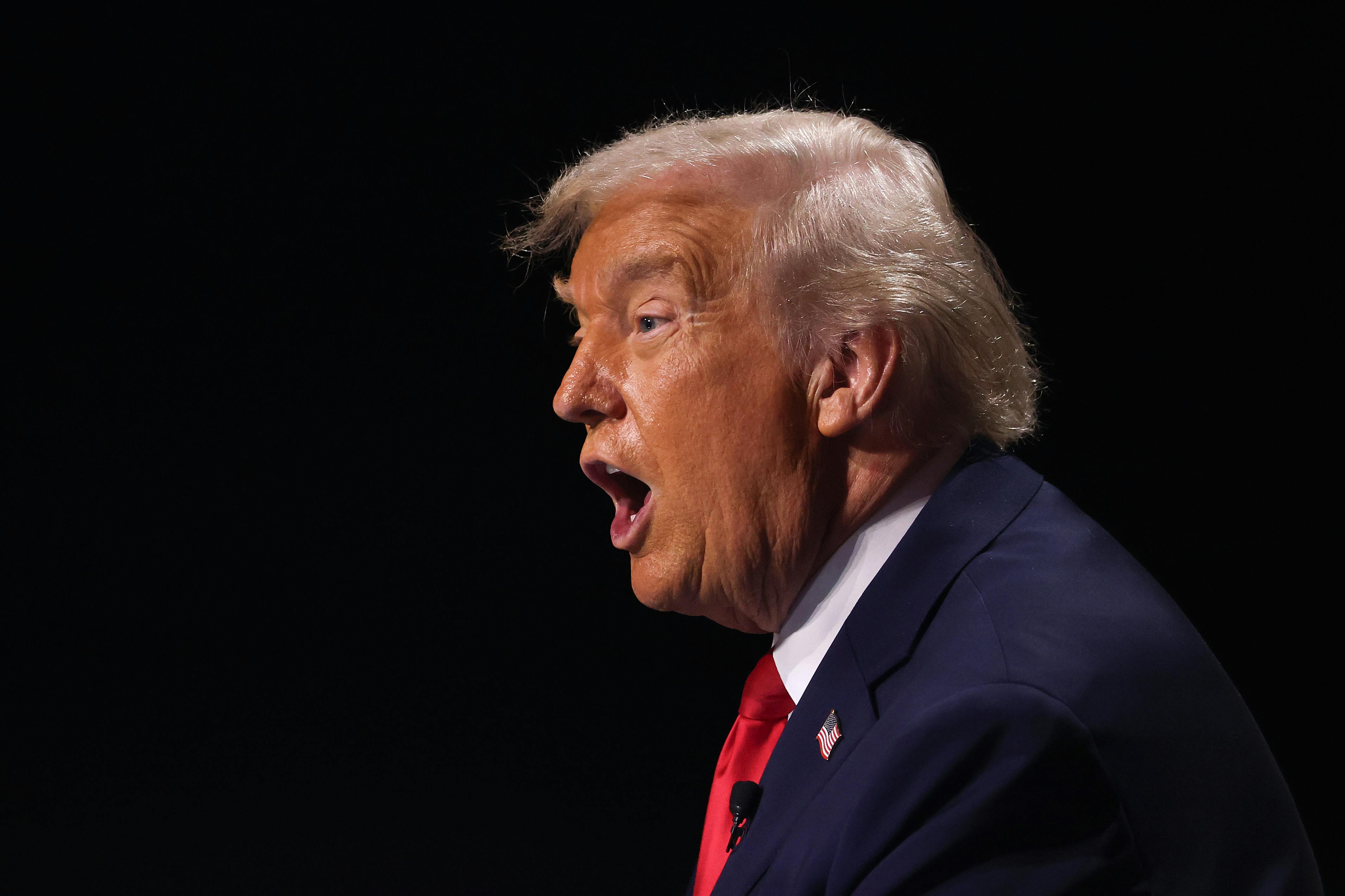 Donald Trump is seen in profile while speaking