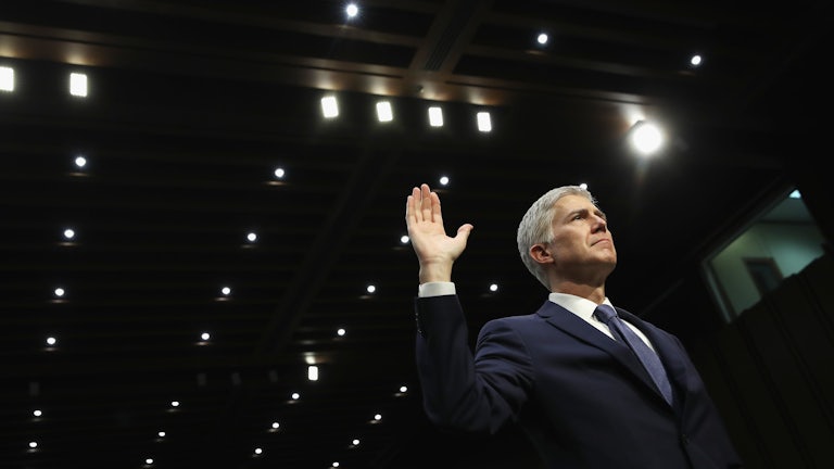 Judge Neil Gorsuch is sworn in on the first day of his Supreme Court confirmation hearing.