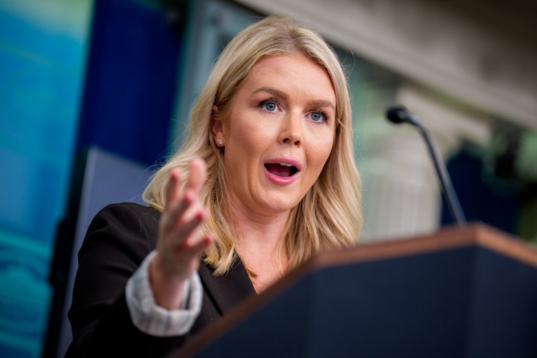 Press Secretary Karoline Leavitt gestures while speaking to reporters in the White House