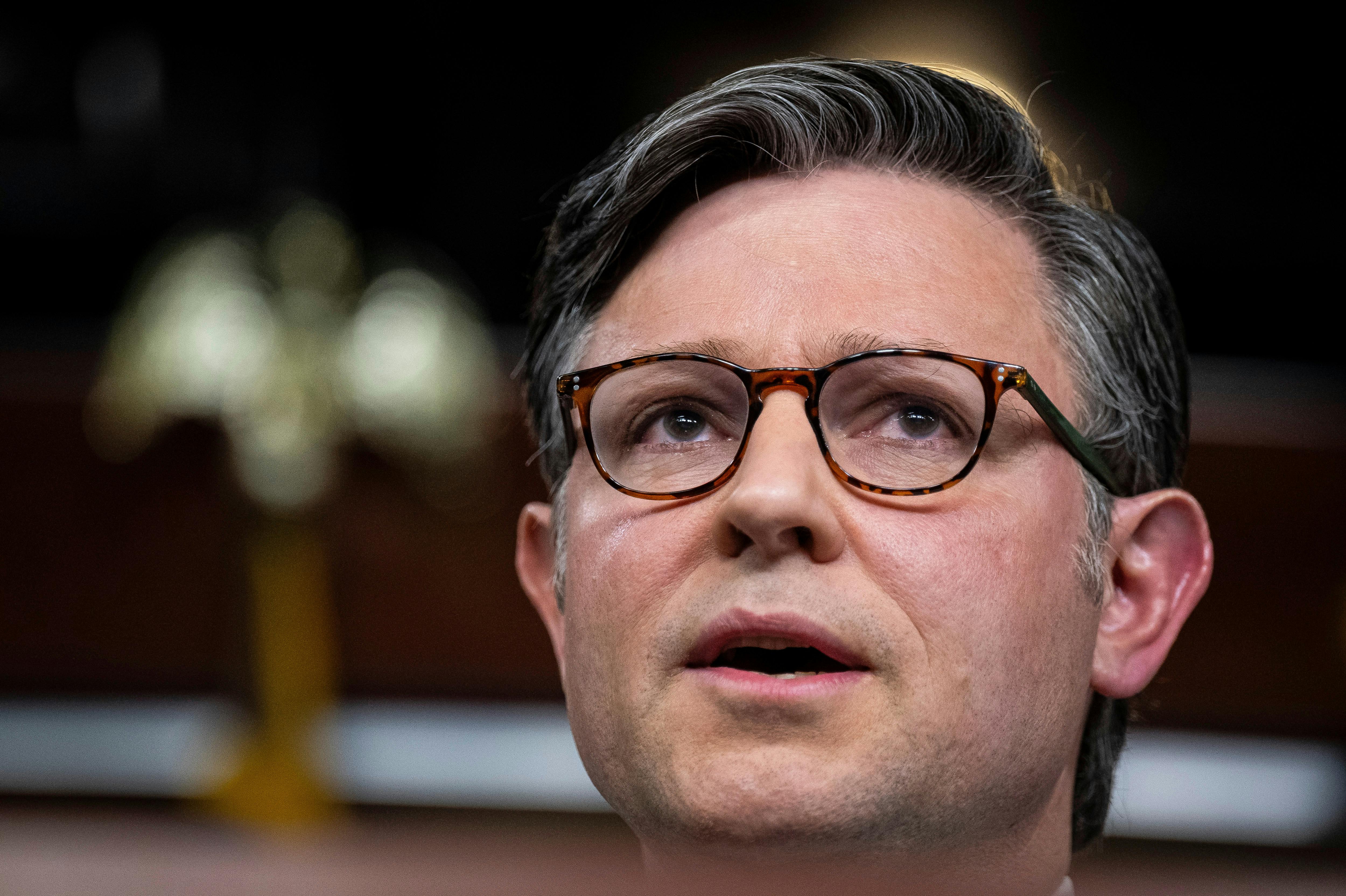 House Speaker Mike Johnson speaks during a press conference
