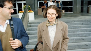 Janet Malcolm outside the Federal Courthouse in San Francisco in 1993
