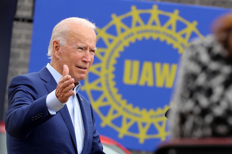 Democratic presidential nominee and former Vice President Joe Biden delivers remarks in the parking lot outside the United Auto Workers Region 1 offices on September 09, 2020