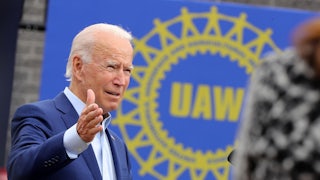Democratic presidential nominee and former Vice President Joe Biden delivers remarks in the parking lot outside the United Auto Workers Region 1 offices on September 09, 2020