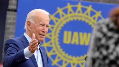 Democratic presidential nominee and former Vice President Joe Biden delivers remarks in the parking lot outside the United Auto Workers Region 1 offices on September 09, 2020