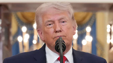 Donald Trump frowns while standing at a microphone