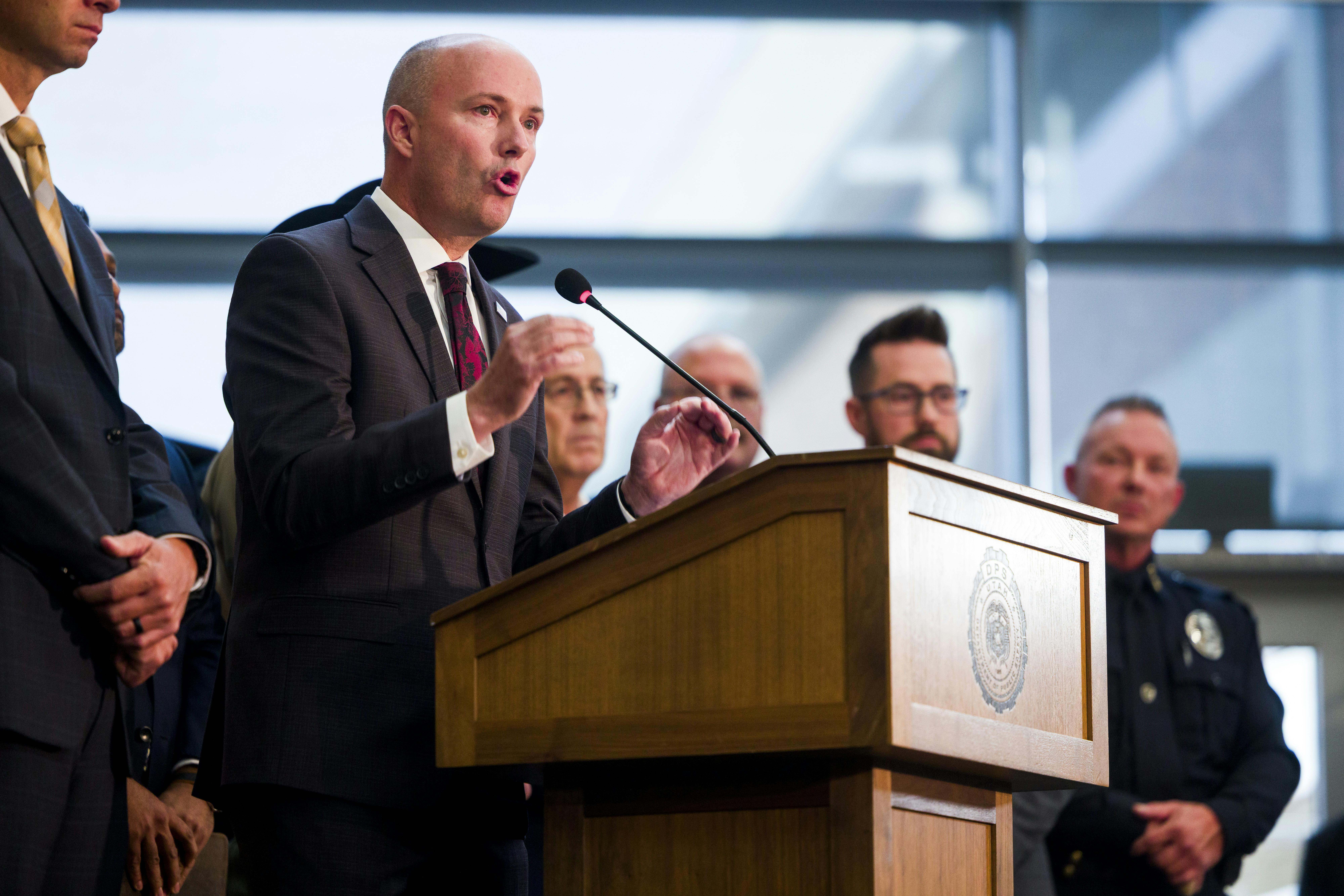 Utah Gov. Spencer Cox speaks at a press conference following the fatal shooting of political activist Charlie Kirk. 