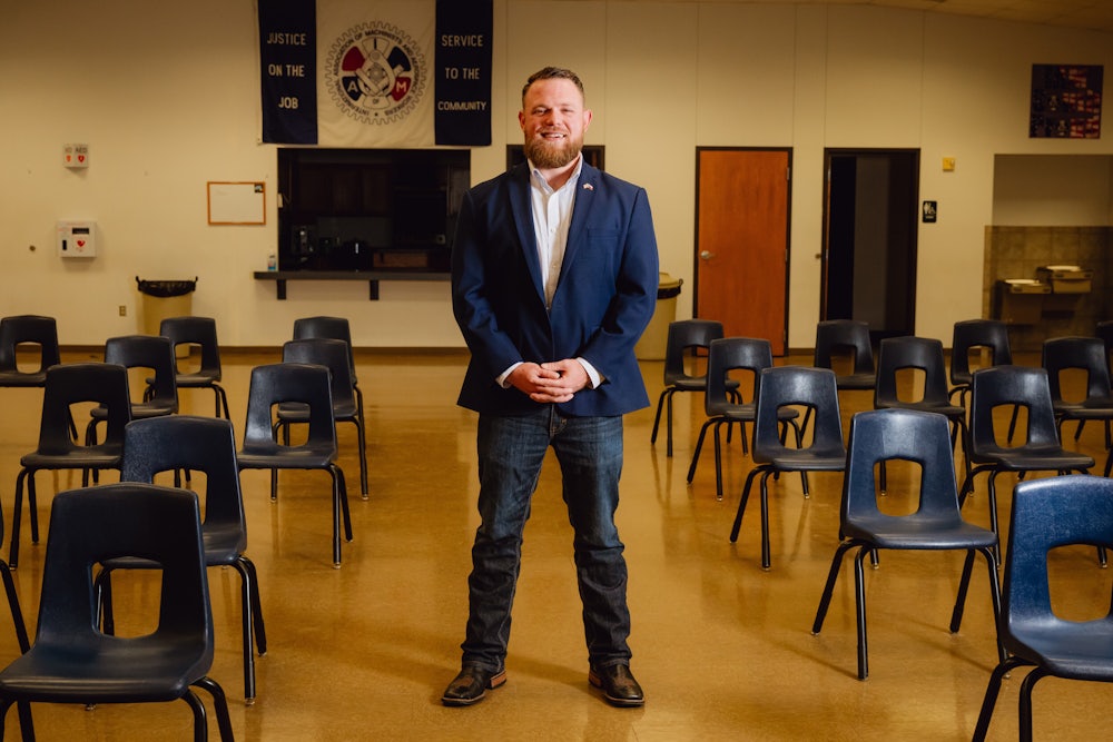 Taylor Rehmet at the International Association of Machinists and Aerospace Workers building in Fort Worth