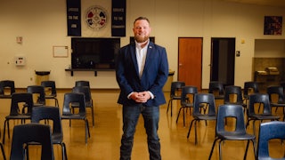 Taylor Rehmet at the International Association of Machinists and Aerospace Workers building in Fort Worth