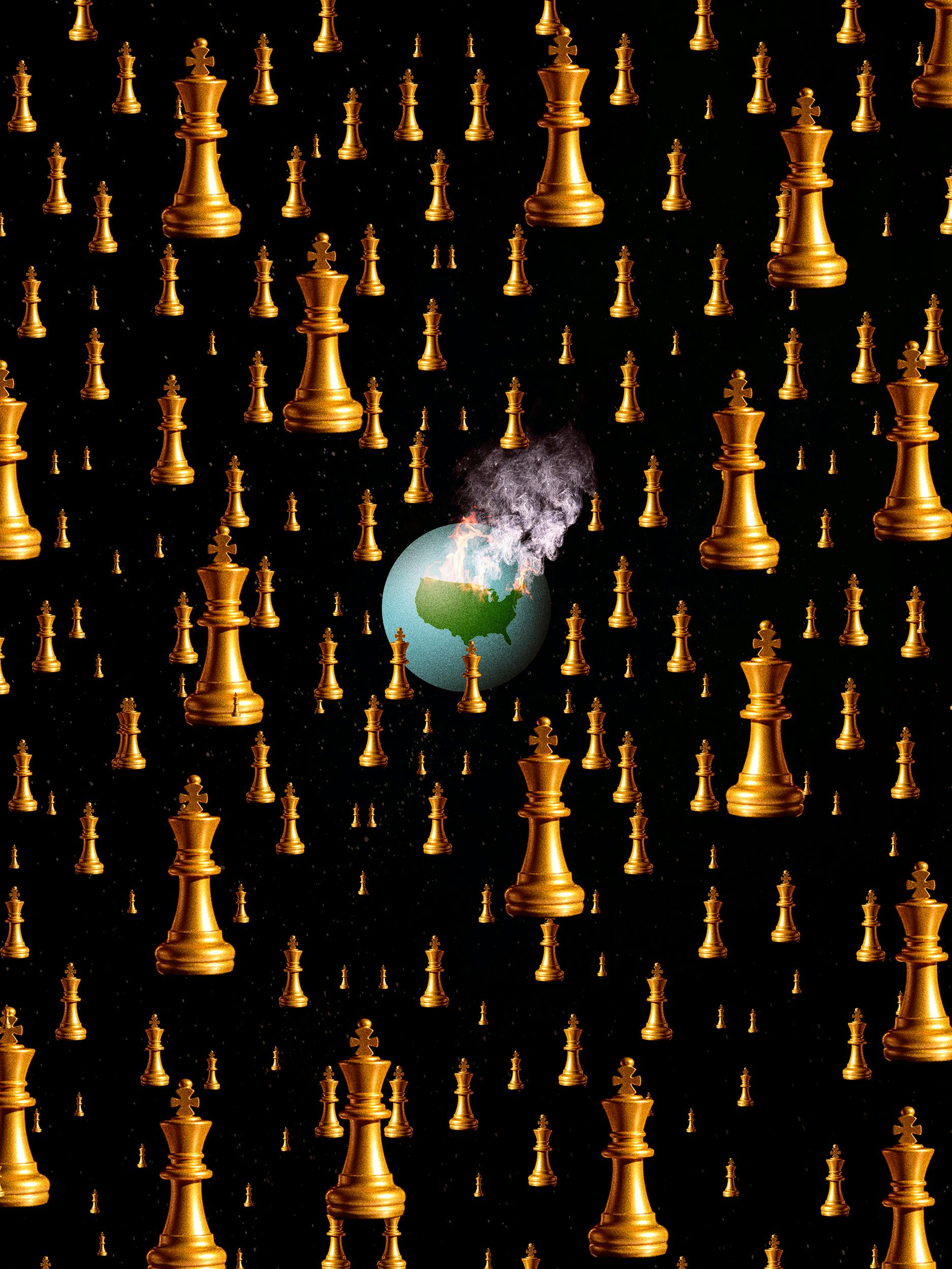 An illustration of floating gold king chess pieces on a black background