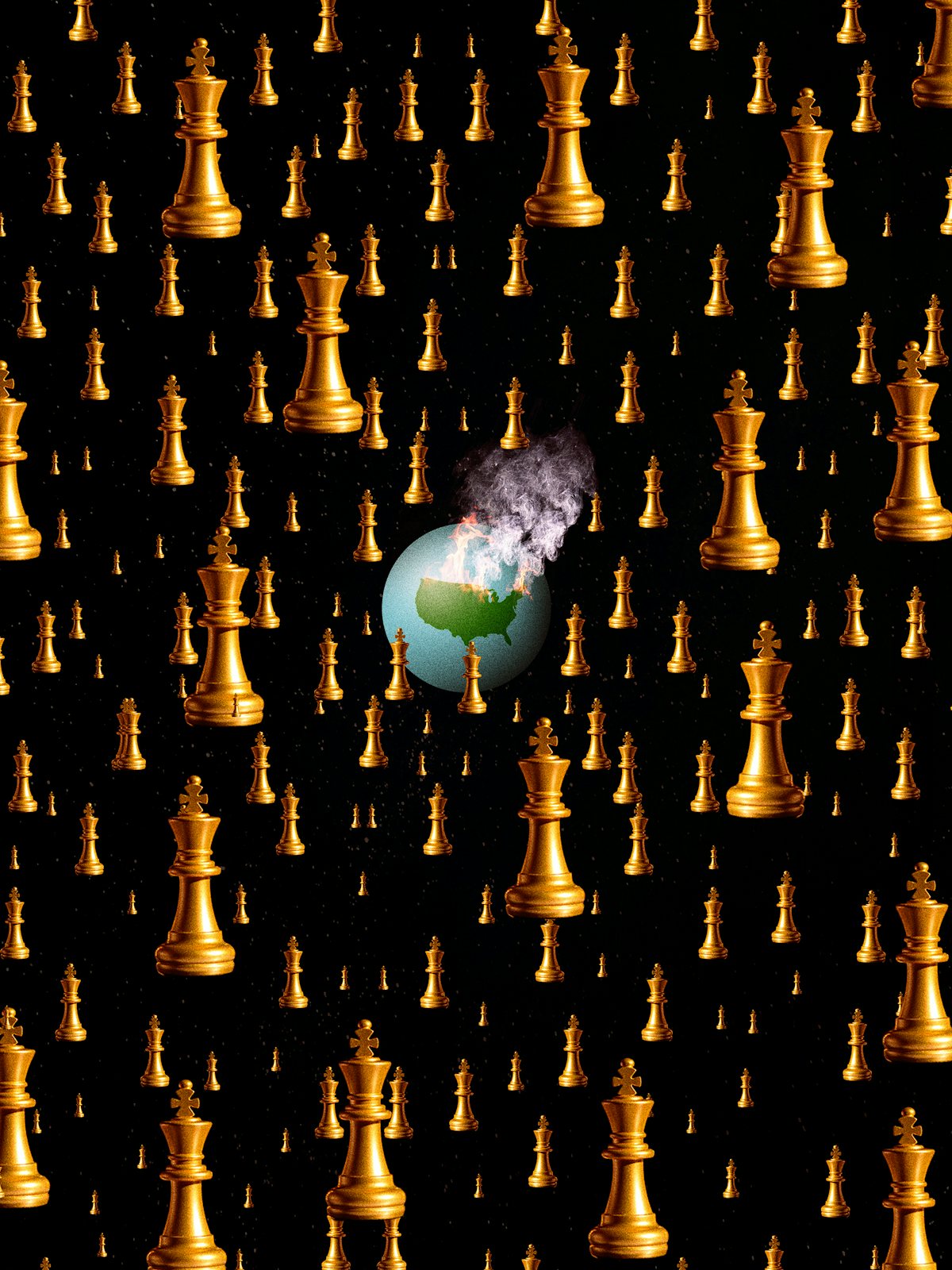 An illustration of floating gold king chess pieces on a black background