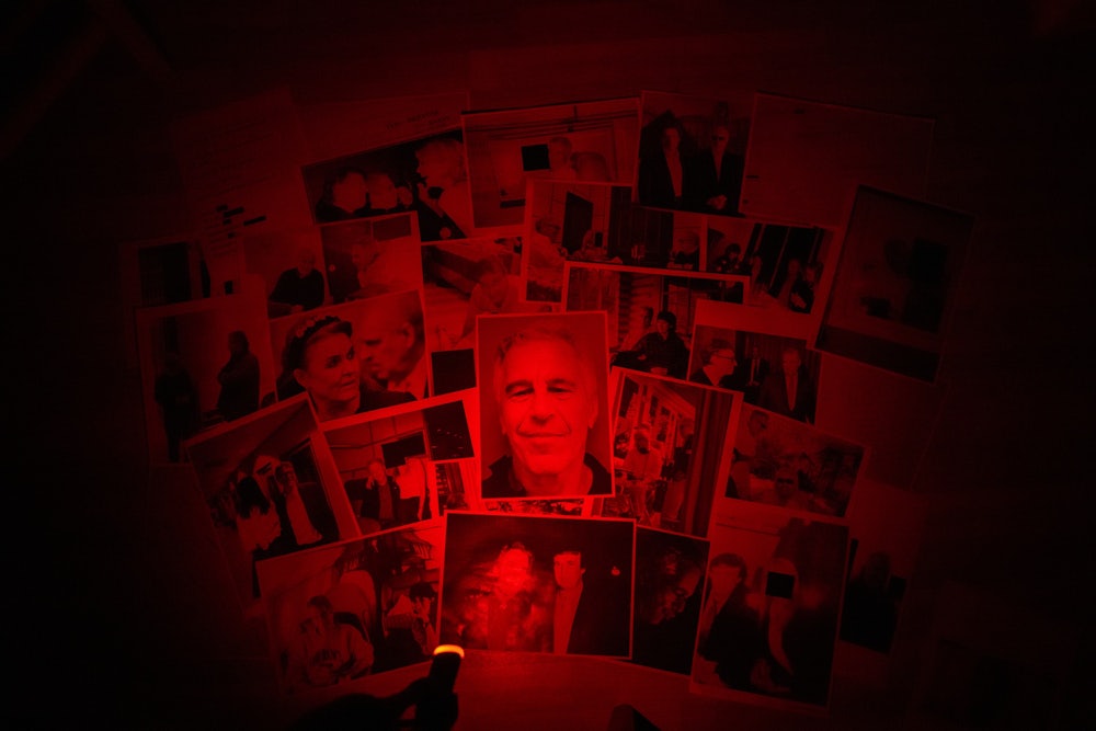 This photograph taken in Le-Perreux-sur-Marne shows undated pictures provided by the U.S. Department of Justice on January 30, 2026 as part of the Jeffrey Epstein files.