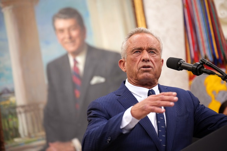 Robert F. Kennedy Jr. gestures while speaking in the Oval Office after being sworn in as Secretary of Health and Human Services