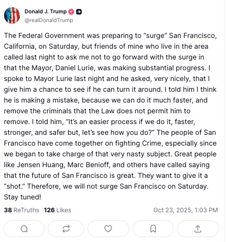 
Donald J. Trump
President of the United States
The Federal Government was preparing to “surge” San Francisco, California, on Saturday, but friends of mine who live in the area called last night to ask me not to go forward with the surge in that the Mayor, Daniel Lurie, was making substantial progress. I spoke to Mayor Lurie last night and he asked, very nicely, that I give him a chance to see if he can turn it around. I told him I think he is making a mistake, because we can do it much faster, and remove the criminals that the Law does not permit him to remove. I told him, “It’s an easier process if we do it, faster, stronger, and safer but, let’s see how you do?” The people of San Francisco have come together on fighting Crime, especially since we began to take charge of that very nasty subject. Great people like Jensen Huang, Marc Benioff, and others have called saying that the future of San Francisco is great. They want to give it a “shot.” Therefore, we will not surge San Francisco on Saturday. Stay tuned!