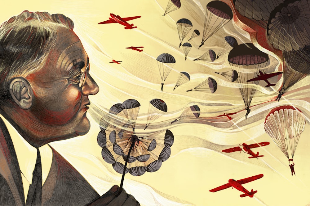 An illustration of FDR blowing what looks like a dandelion but is in fact parachutiists and war airplanes