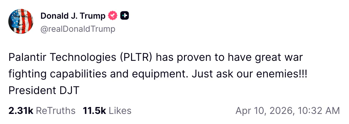 A screenshot of a Truth Social post from Donald Trump praising the defense company Palantir. 