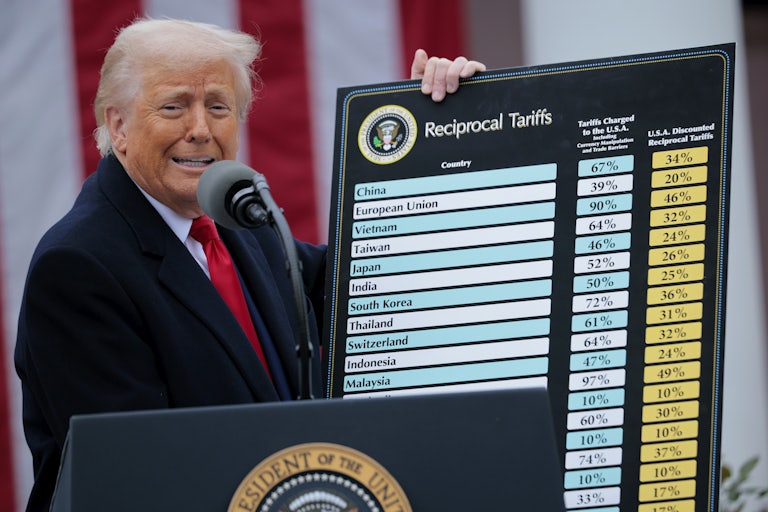 Donald Trump holds up a big list of tariffs