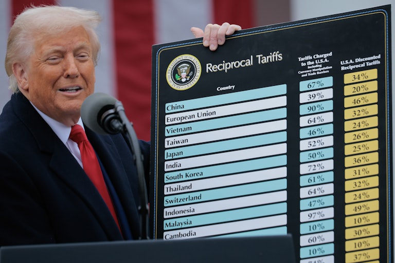 Donald Trump holds up a large chart showing tariffs by country or region.