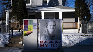 A poster that says, "Murdered by ICE" below a photo of Renee Nicole Good hangs in Minneapolis near where she was shot dead