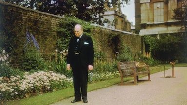 Churchill in the garden at 10 Downing Street, London