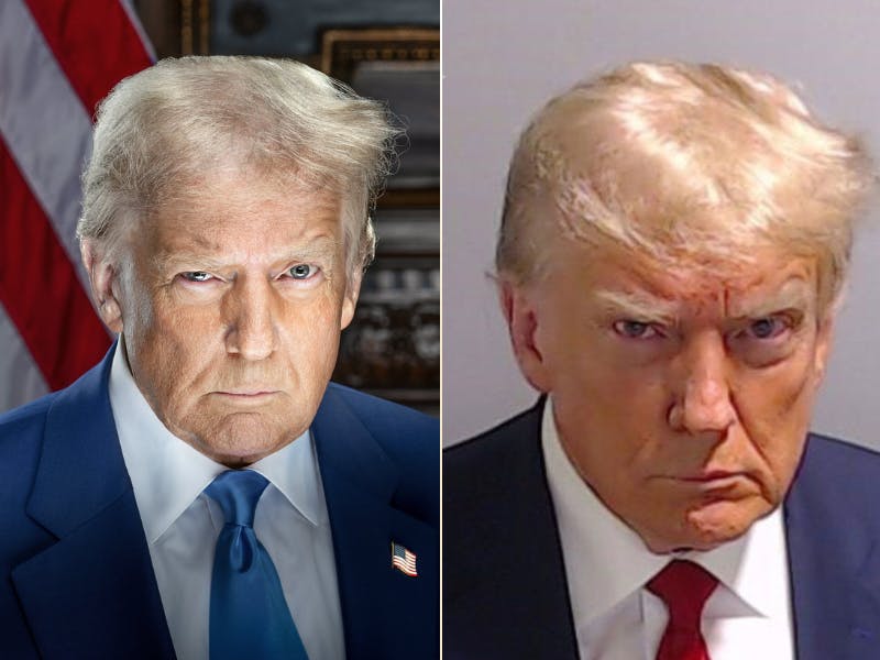 side-by-side of Donald Trump's official portrait and his mugshot from Fulton County