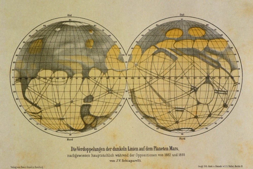 A map by Giovanni Schiaparelli of Mars introduced the idea of canals crossing the planet’s surface.