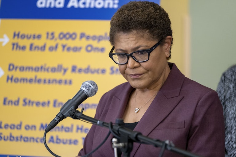 Los Angeles mayoral candidate Congresswoman Karen Bass talks about her policy position on homelessness during a news conference.