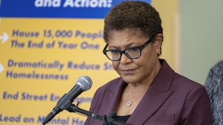 Los Angeles mayoral candidate Congresswoman Karen Bass talks about her policy position on homelessness during a news conference.