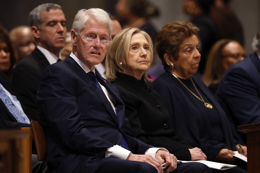 Former U.S. President Bill Clinton and former U.S. Secretary of State Hillary Clinton attend the funeral service of former Labor Secretary Alexis Herman at the National Cathedral on May 14, 2025 in Washington, D.C.