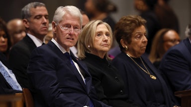 Former U.S. President Bill Clinton and former U.S. Secretary of State Hillary Clinton attend the funeral service of former Labor Secretary Alexis Herman at the National Cathedral on May 14, 2025 in Washington, D.C.