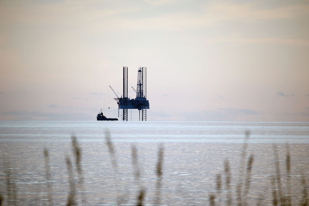 This picture shows an oil rig rising up out of the water, with marsh grasses in the foreground.