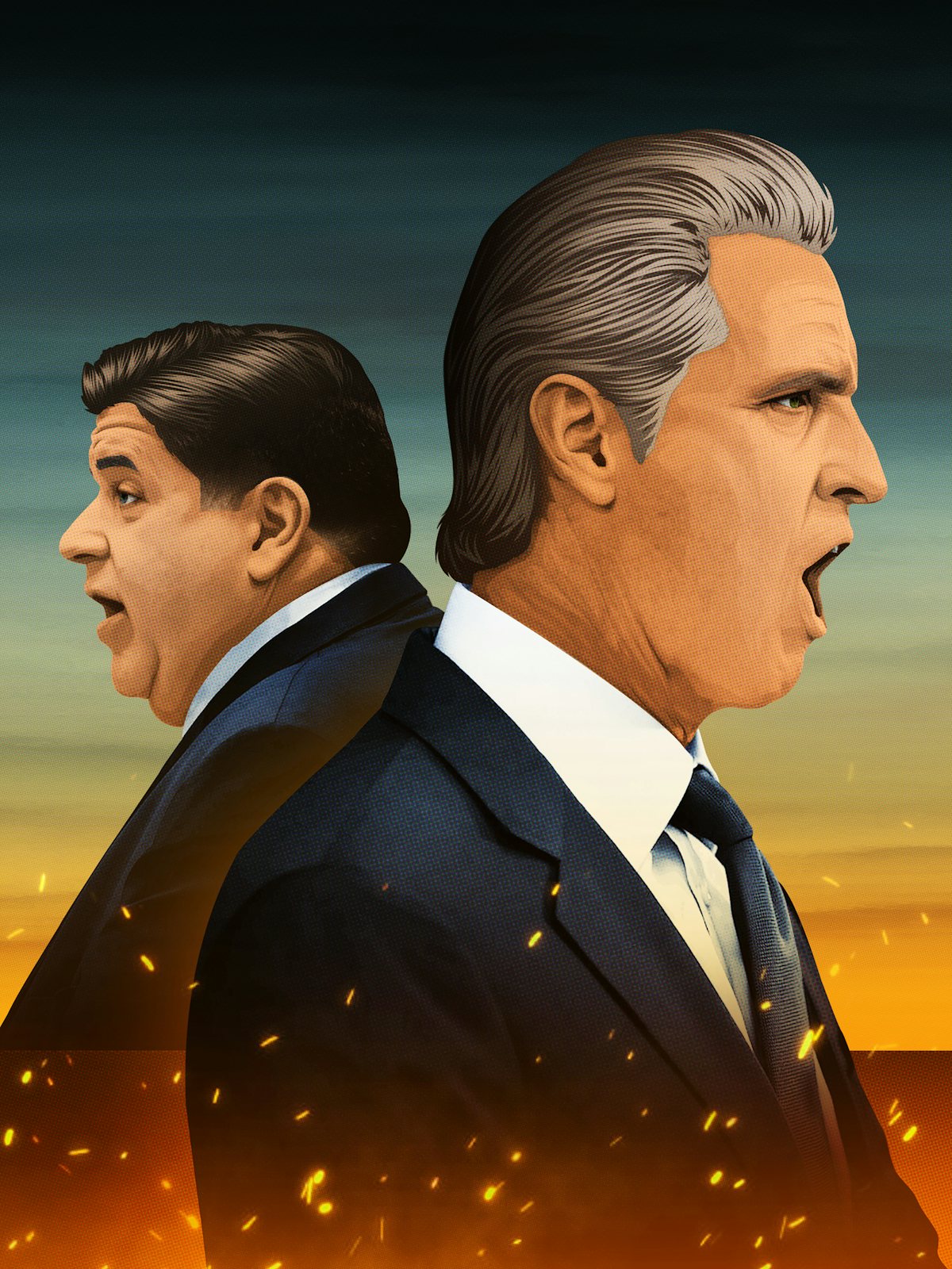 Illustration showing profile portraits of J. B. Pritzker and Gavin Newsom facing away from each other.