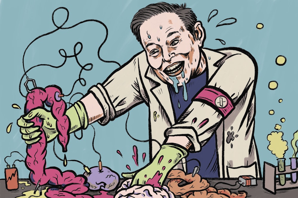 Illustration of Elon Musk depicted as a mad scientist
