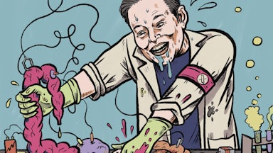 Illustration of Elon Musk depicted as a mad scientist