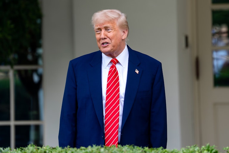 Donald Trump speaks while standing outside the White House