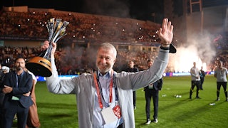 Russian oligarch and Chelsea FC owner Roman Abramovich celebrates his club's FIFA Club World Cup victory in the United Arab Emirates.