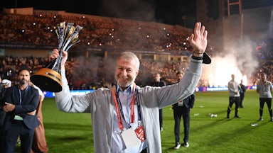 Russian oligarch and Chelsea FC owner Roman Abramovich celebrates his club's FIFA Club World Cup victory in the United Arab Emirates.
