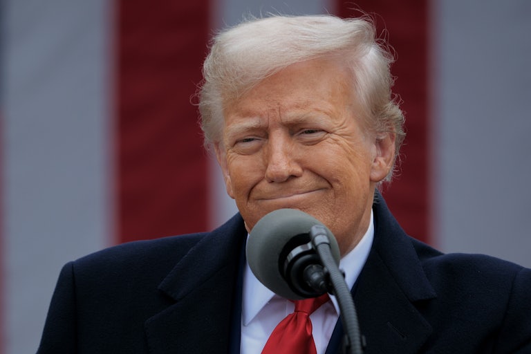 Donald Trump presses his lips together during a press conference in the White House Rose Garden