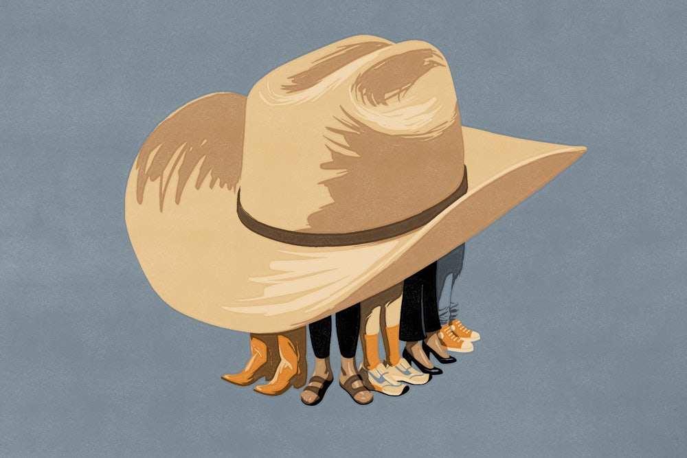 different types of shoes and feet underneath a cowboy hat