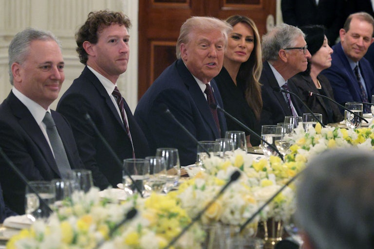 Donald Trump speaks at a White House “AI and Crypto” event alongside the billionaire tech-bro set.