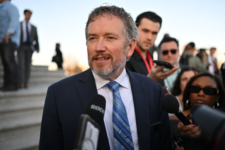 Representative Thomas Massie speaks to reporters outside the Capitol